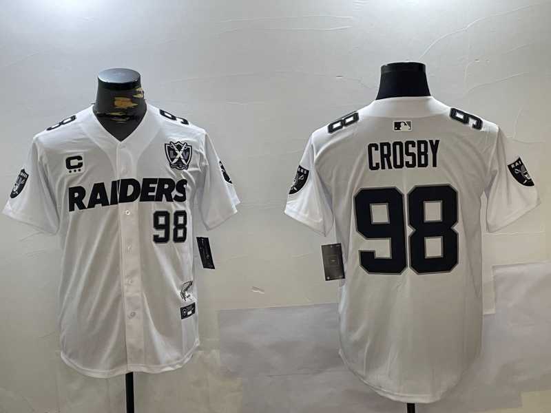 Mens Las Vegas Raiders #98 Maxx Crosby White Nevada Silver State And 65th Patch Stitched Baseball Jersey